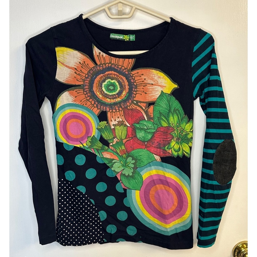 Desigual Girls Size 11/12 Blue‎ Floral Long Sleeved Knit Top Shirt Funky - Flaw